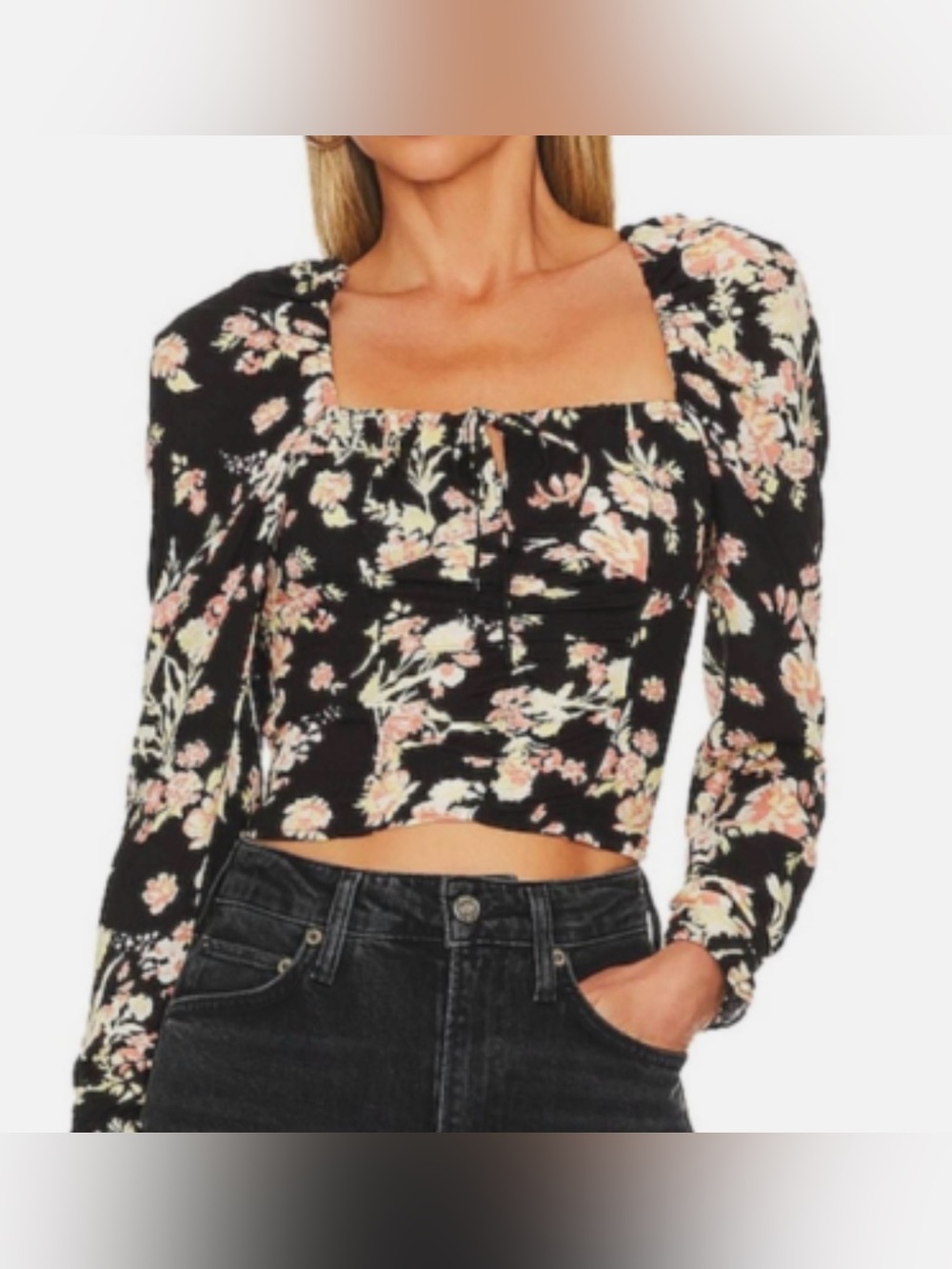 Free People NWT Hillary Top Floral Milkmaid Puff Sleeve Lace Up Crop Top‎ XS